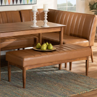 Baxton Studio BBT8051.12-TanWalnut-Bench Baxton Studio Daymond Mid-Century Modern Tan Faux Leather Upholstered and Walnut Brown Finished Wood Dining Bench